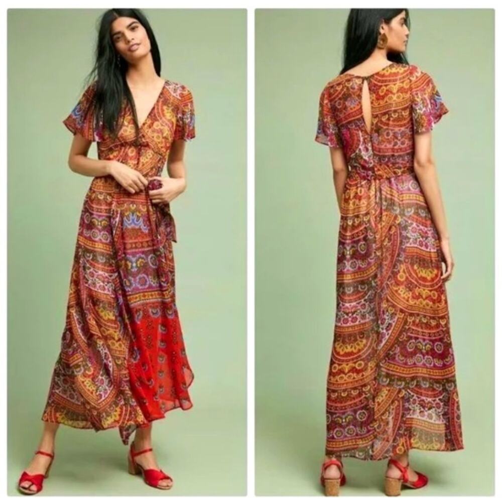 Akemi + Kin Anthropologie Red Indian Floral Boho Short Sleeve Midi Dress